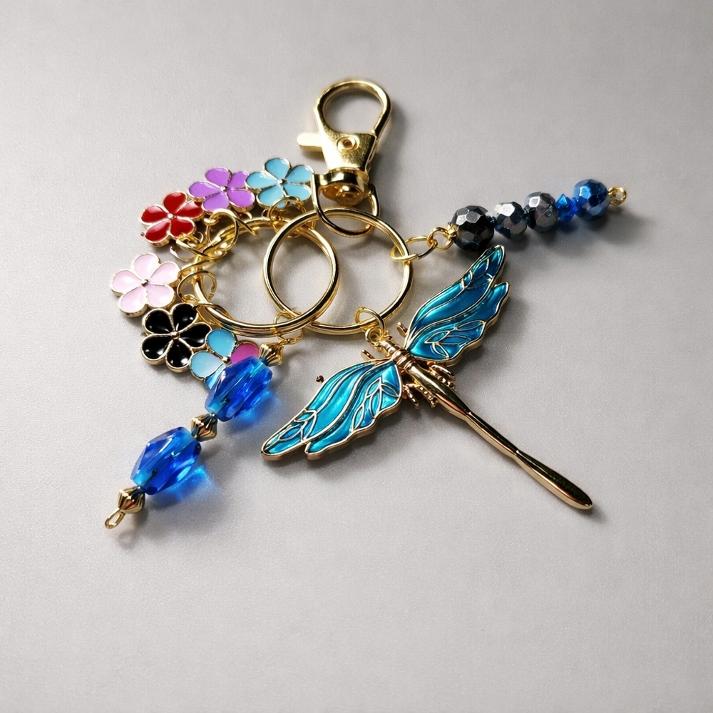 Flying Among The Flowers Colorful Dragonfly Keychain with Floral Charms - Picture 2 of 4